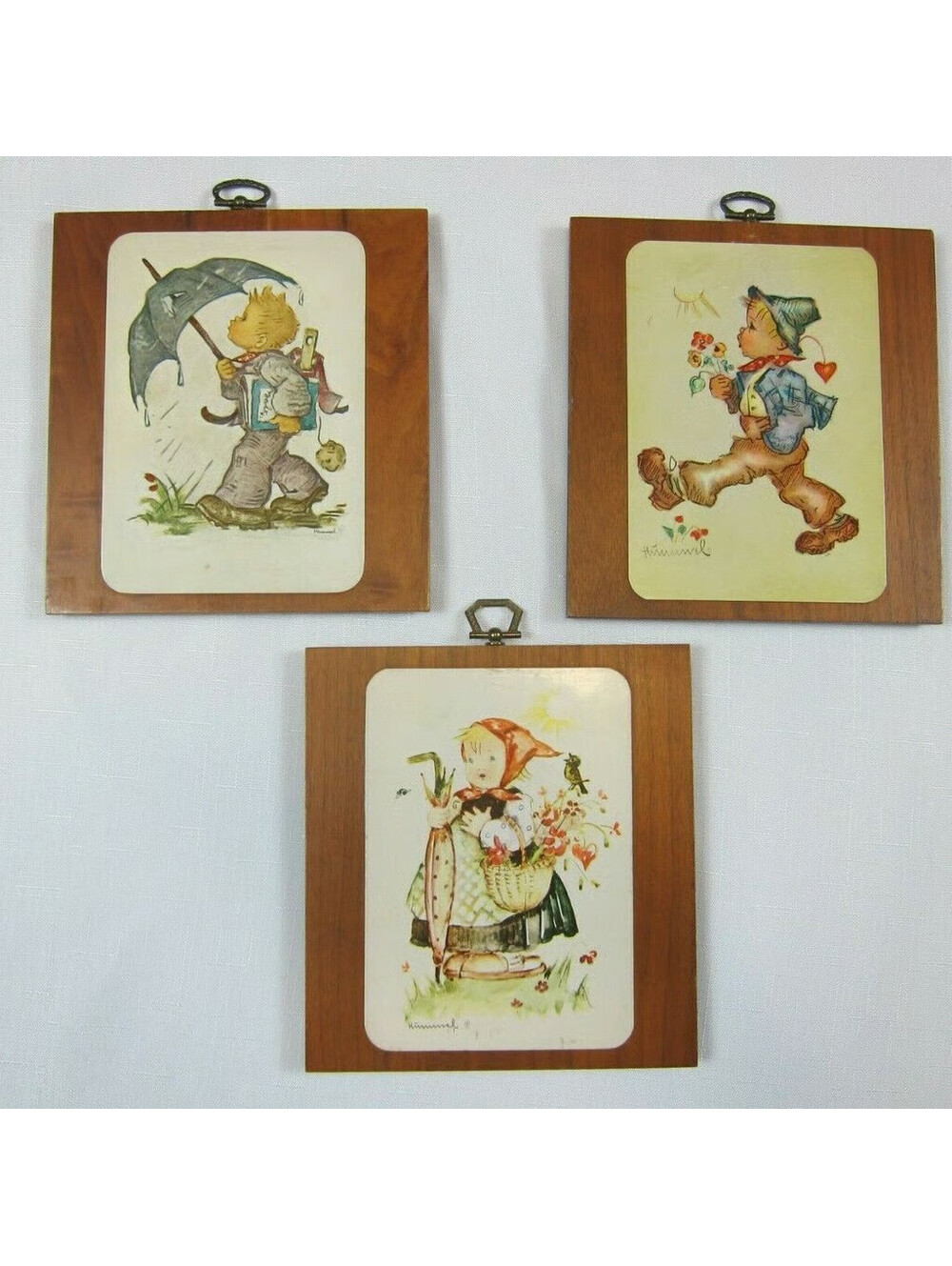 Lot of 3 Vintage Hummel Wood Wall Plaques Boy & Girl Umbrella Flowers Basket
